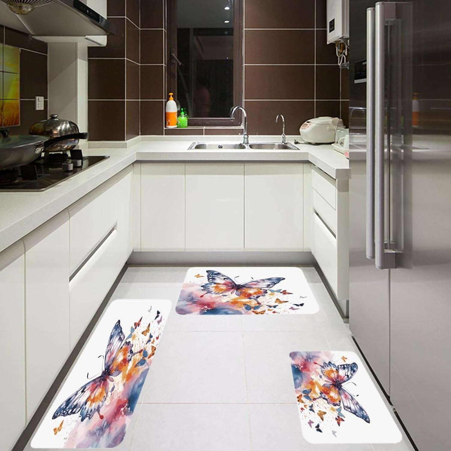 Watercolor Butterfly Kitchen Mats Soft Absorbent Rugs for Floor Non Slip Washable Kitchen Mats Fashion Rectangular Rugs for Three-Piece Set for Laundry Office Home Sink