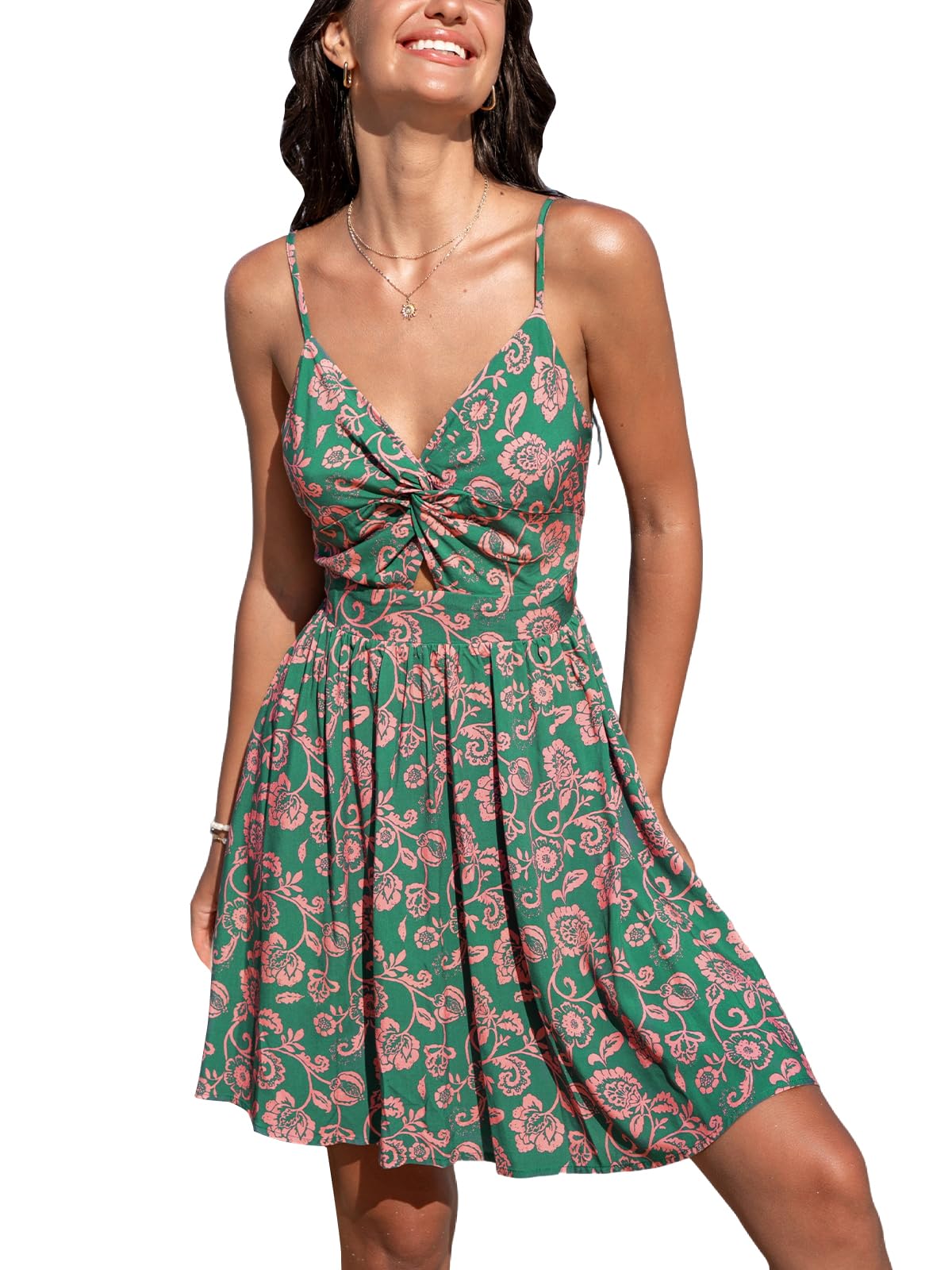 CUPSHE Women's Summer Dress V Neck Twist Front Sleeveless Contrast Colour Boho Floral Print Mini Dress Casual Dresses Party Beach Cami Mini Dress