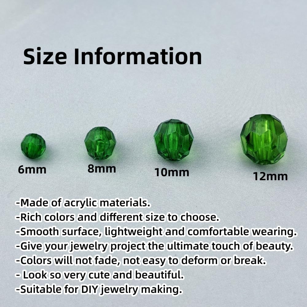 850pcs Acrylic Round Faceted Beads 6mm 8mm 10mm 12mm Faceted Round Spacer Beads for Bracelets Necklace Earring DIY Jewelry Making Craft(Dark Green) - Image 2