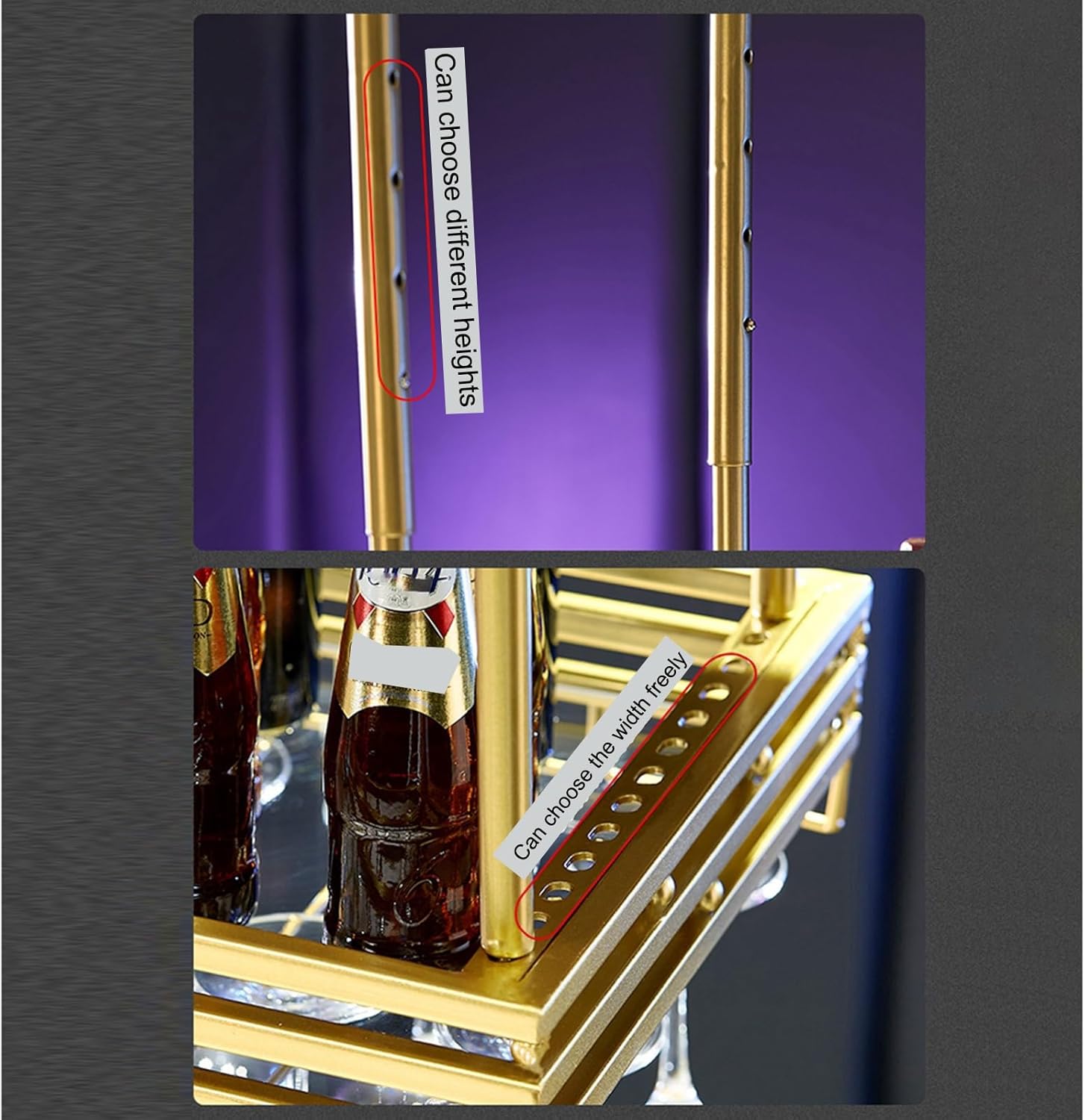 Adjustable Metal Wine Rack Hanging with Glass Holder and Shelf Ceiling Bar Wine Glass Rack for Bottles Iron Bottle Holder Wine Shelf Mini Bar Liquor Shelves for Home Bar Storage