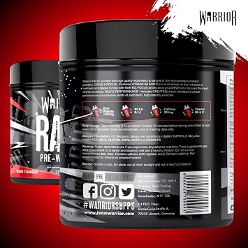 Warrior Rage Pre Workout Powder 392g High Strength Energy Supplement | Pre Workout Powder, 45 Servings, 300mg Caffeine, Beta-Alanine, Creatine & BCAA, Energy & Focus, On-the-Go (Savage Strawberry)