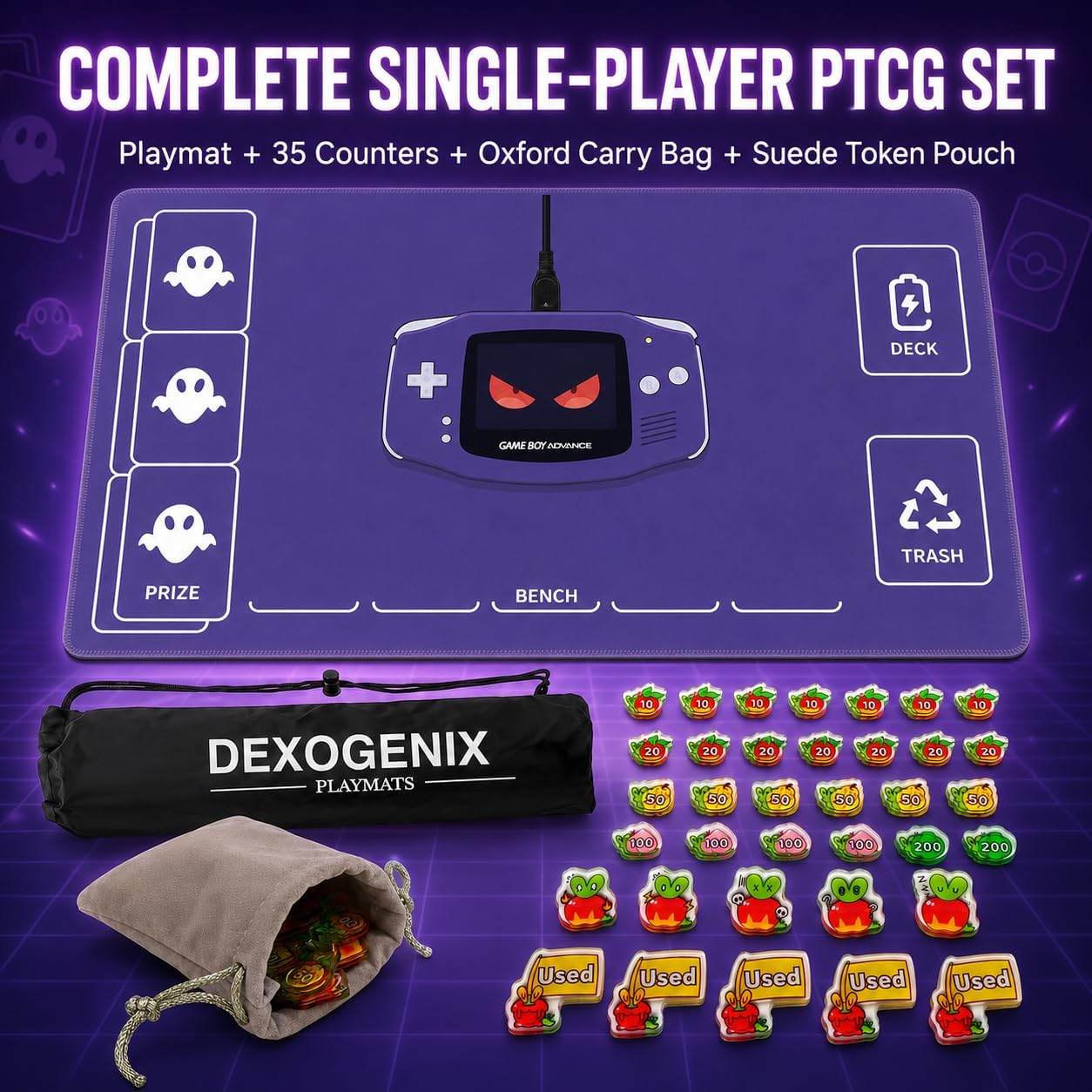 24 x 14Inch Single-Player TCG Playmat for PTCG, 2mm Non-Slip Rubber Card Game Mat with 35 Damage Counters, Waterproof Oxford Carry Bag & Suede Token Pouch image 2