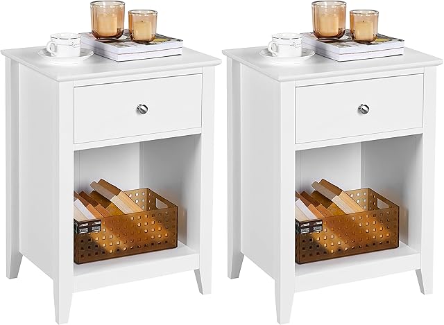Yaheetech Bedside Table Set of 2, White Side Table with Drawer Wooden Bedside Cabinet Storage Unit for Bedroom Living Room, 45x35x61cm