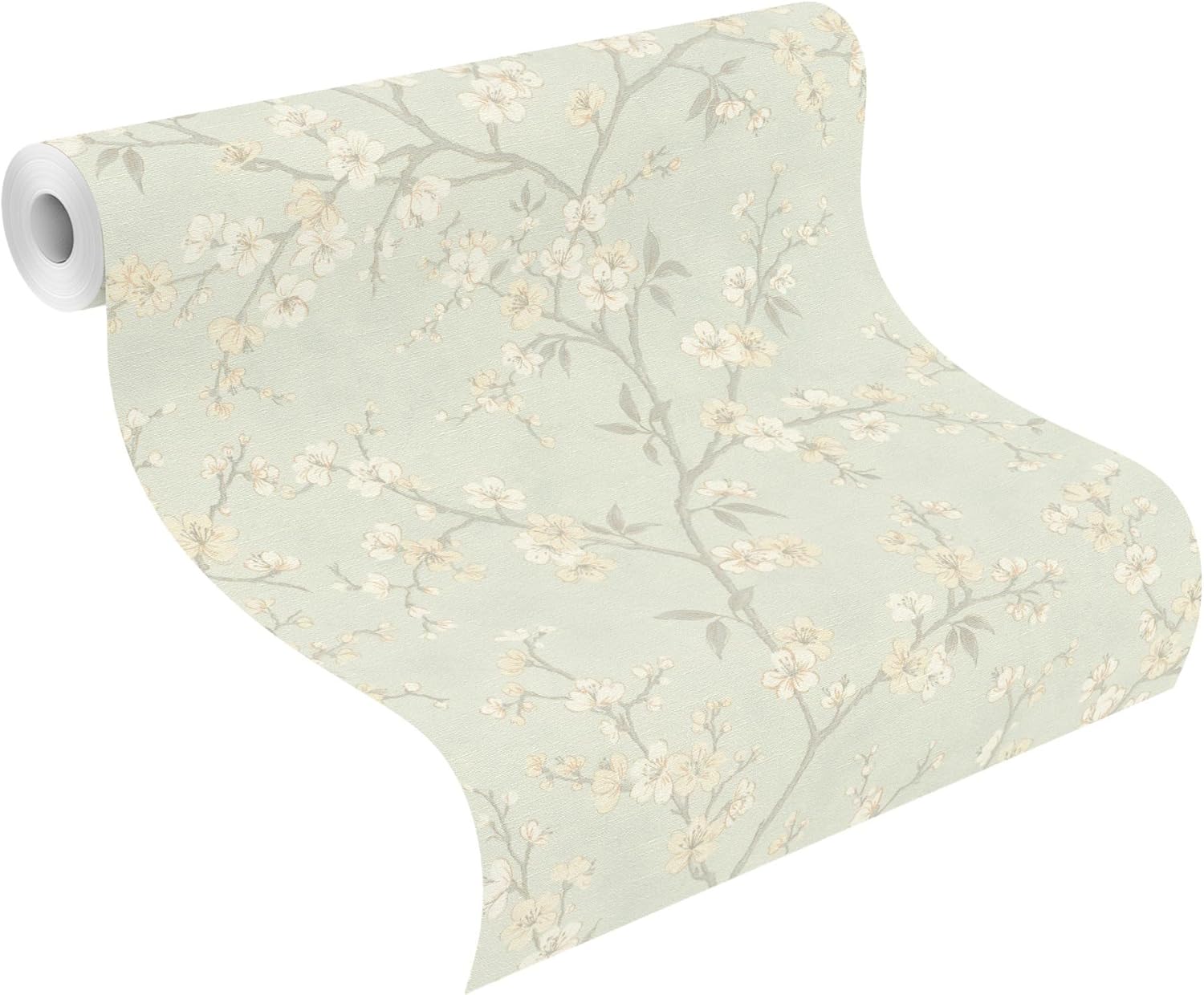 Rasch Wallpaper 456769 - Light Green Non-Woven Wallpaper with Small, Delicate Flowers in Beige and White from The Country Charme Collection