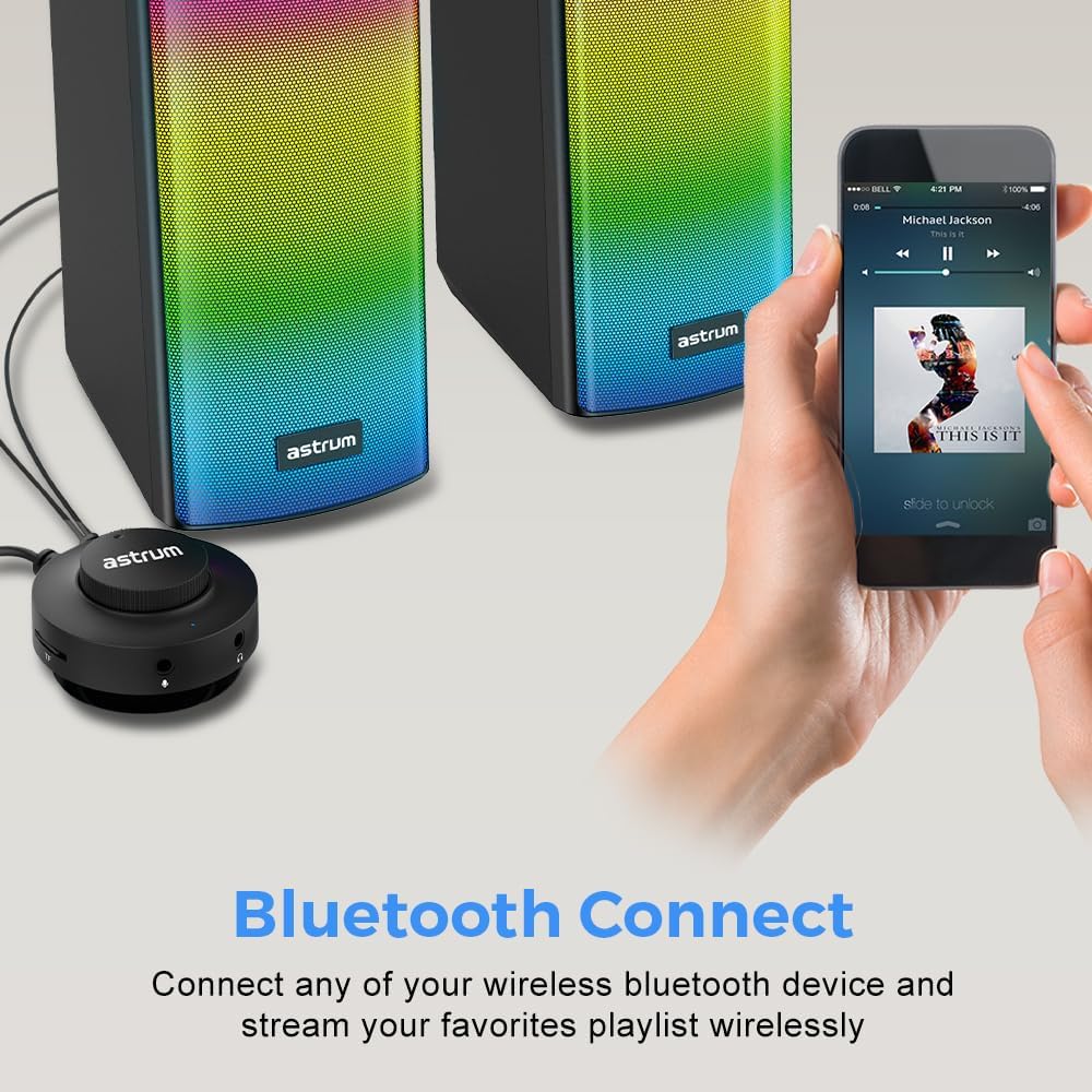 Astrum SU030 speakers connected via Bluetooth to a smartphone