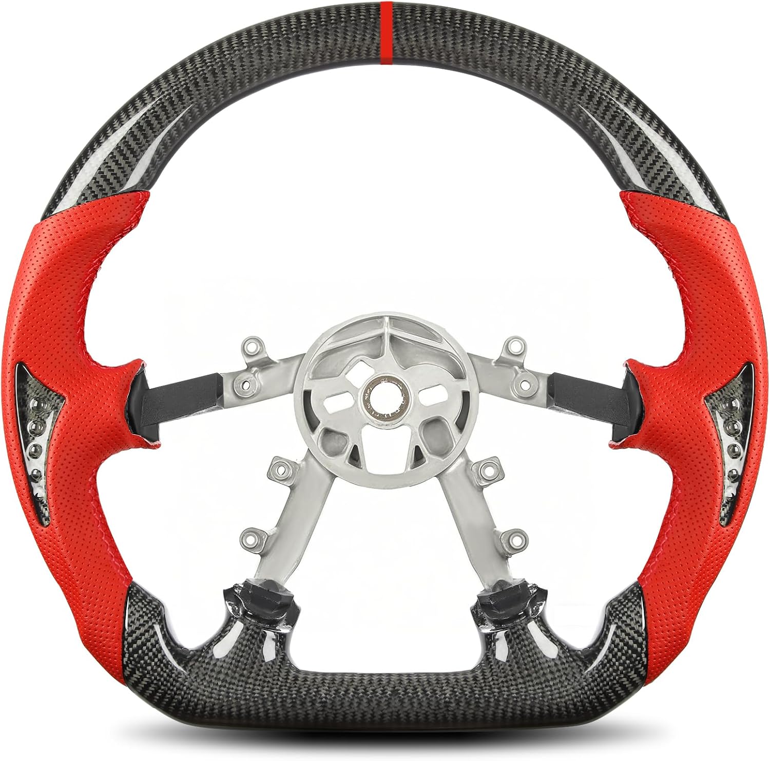 Real Carbon Fiber Steering Wheel for Corvette C5 1997–2004, D-Shaped Flat-Bottom, Red Nappa Perforated Leather with Red Stripe & Stitching, Black Carbon-Fiber Inlay, for C5 Base/Z06