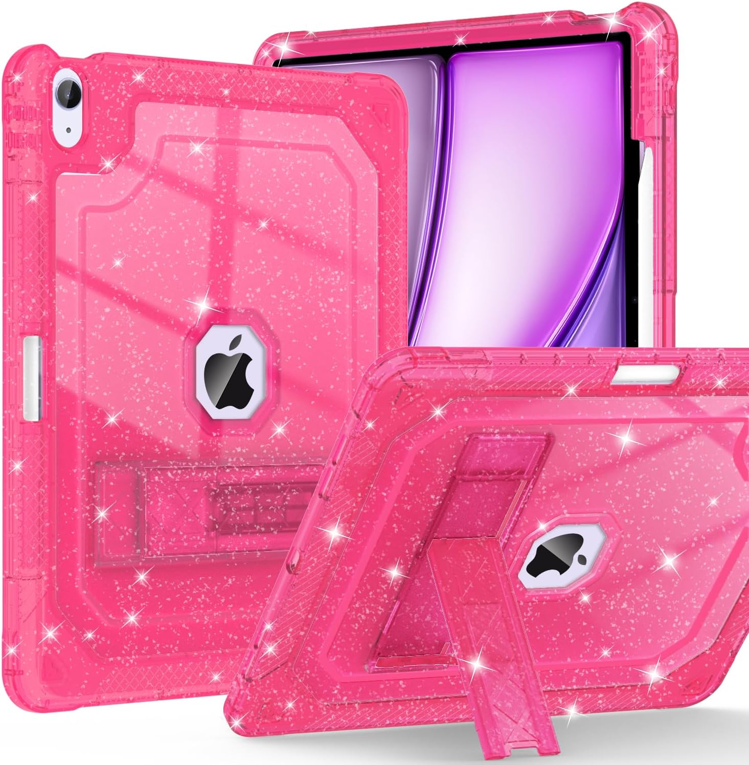 for iPad Air M3 13 Inch Case 2025, for iPad Air M2 13-inch 6th Gen 2024 Glitter Slim Cover with Pencil Holder Heavy Duty Shockproof Hard Protective Case with Kickstand, Hot Pink
