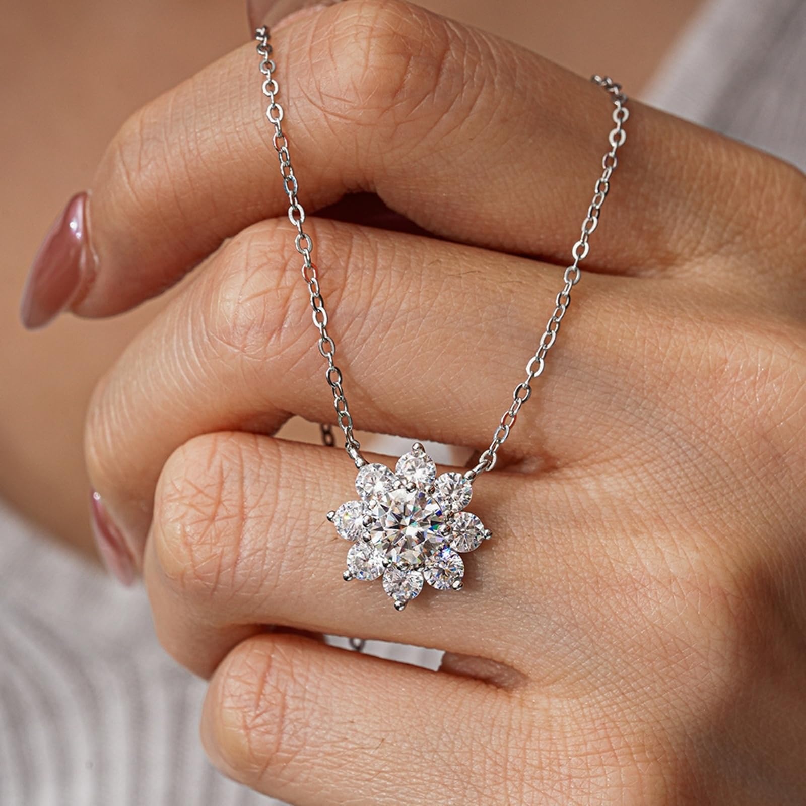 Collares de oro blanco para mujer con moissanita, collar de girasol de oro blanco/platino para mujer con halo de girasol