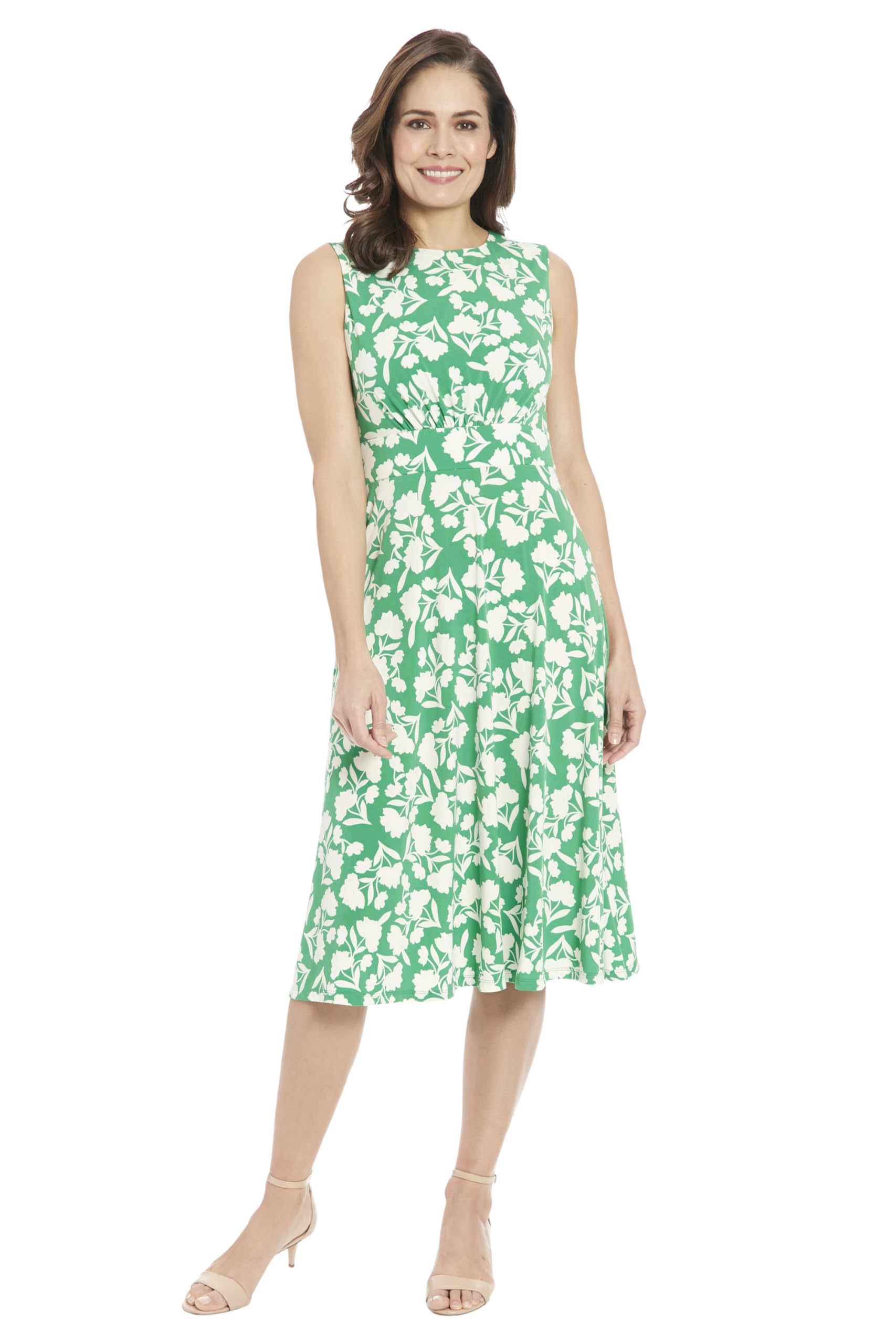 London Times Women's Sleeveless Inset Waist Midi Fit and Flare Dress