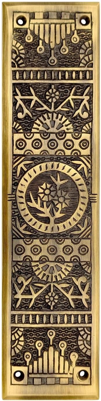 Solid Brass Eastlake Door Push Plate, Antique Brass Decorative Finger Plate, 11 1/4 x 2 3/4 Inch Floral Engraved Door Hardware, Vintage Ornamental Plate for Front, Interior, Office and Commercial Door