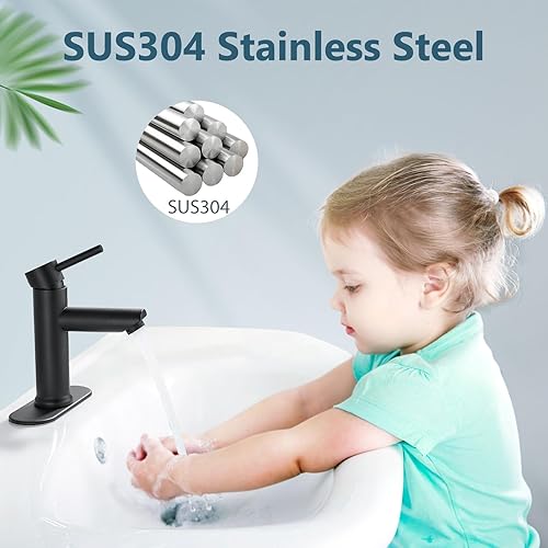 Miniatura 5 de Aolemi Grifo de baño de un solo agujero, grifo de lavabo de baño con líneas de suministro, con drenaje emergente y placa de cubierta, negro mate