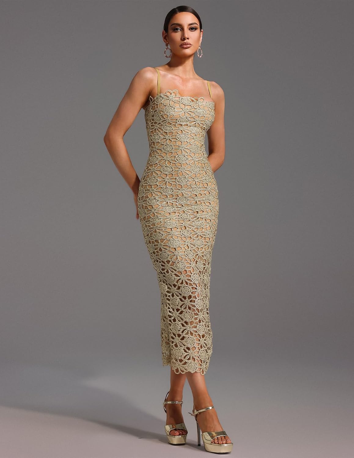BELLA BARNETT Beige Hollow Out High Slit Spaghetti Strap Bodycon Dress Cocktail Evening Tea Party Dress