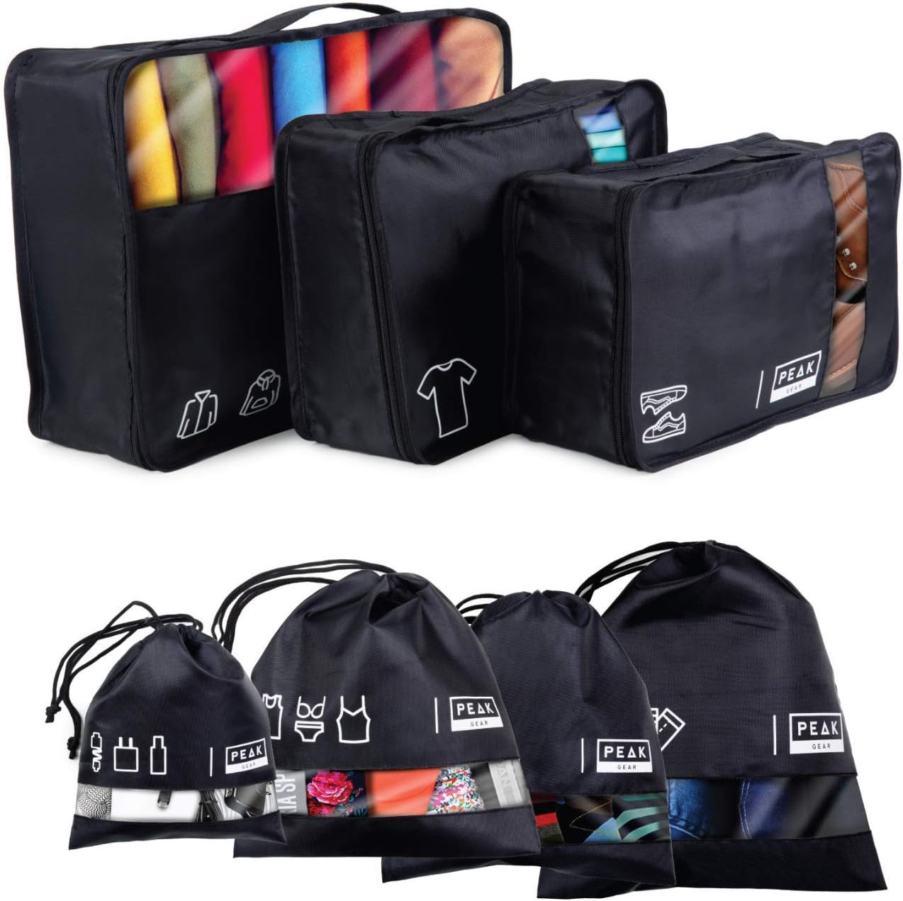 Peak Gear Travel Packing Cubes and Luggage Organizer - Cubes and Drawstring Bag Set (7 Pcs)