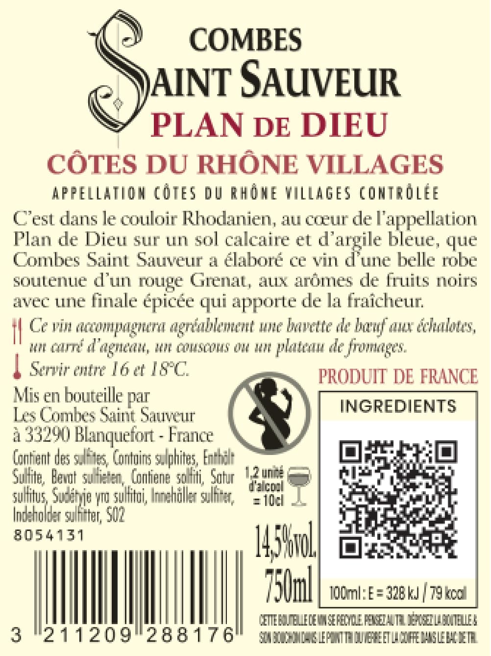 COMBES SAINT SAUVEUR - AOP Côtes du Rhône Village "Plan de Dieu" - Vin Rouge - Lot de 6 bouteilles x 75 cl