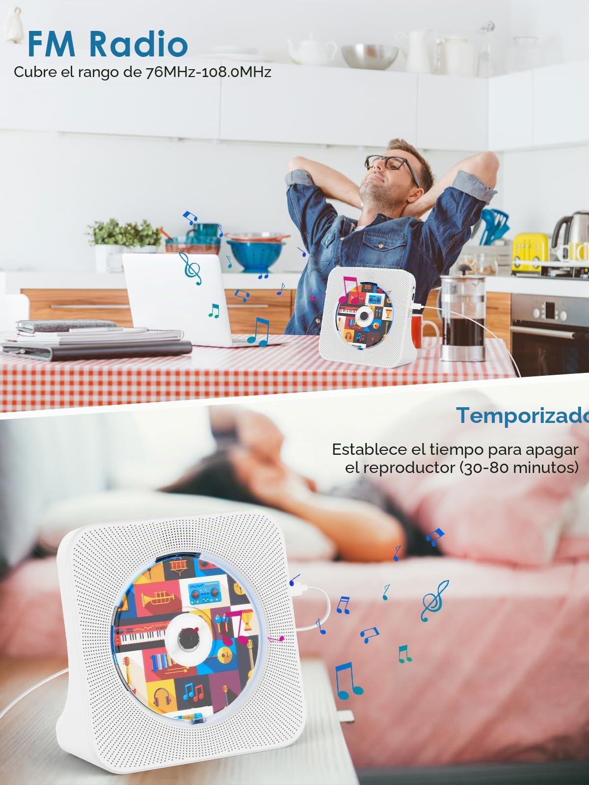 Gueray Reproductor de CD Bluetooth con Radio y Altavoces Blanco