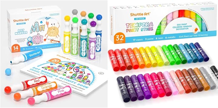 Shuttle Art Dot Markers, 14 Colors Bingo Daubers with 20 Unique Patterns Tempera Paint Sticks, 32 Colors Solid Tempera Paint for Kids