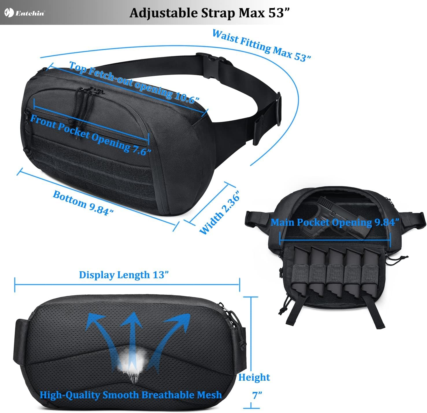 Entchin Tactical Fanny Pack for Men Women,Multifunctional Crossbody Bag with Elastic Band Holder,Concealed Carry Waist Pounch (E109 Black) - Image 3