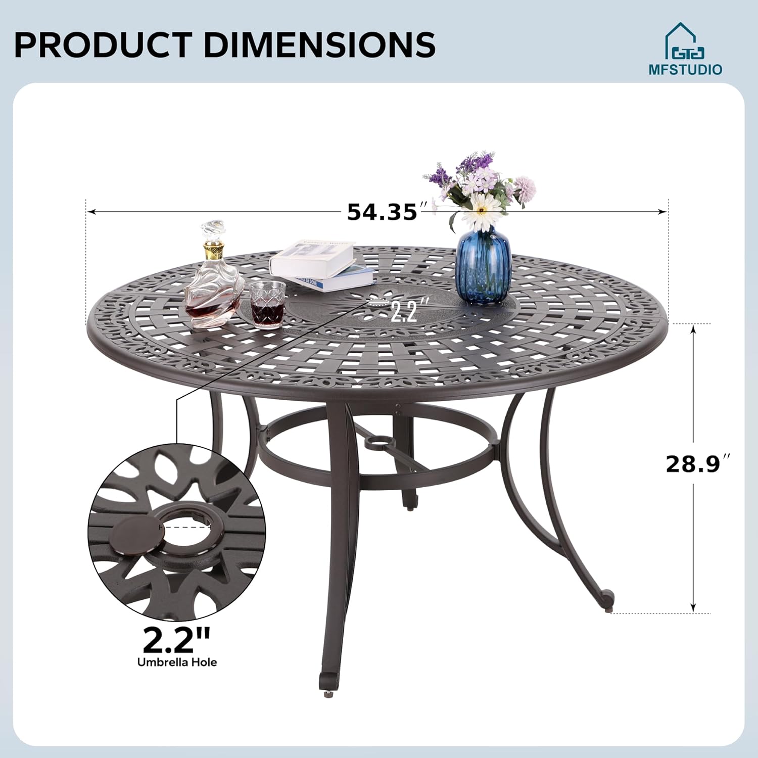MFSTUDIO Cast Aluminum Patio Dining Table, 54" Round Outdoor Table with 2.2’’ Umbrella Hole, Retro Pattern Metal Aluminum Outdoor Dining Table for 4-6