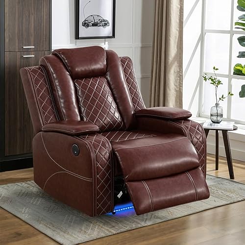 Miniatura 32 de Juego de sofá reclinable eléctrico para sala de estar, juego de sofá reclinable de cuero con luces LED, puertos USB, almacenamiento oculto, juego de