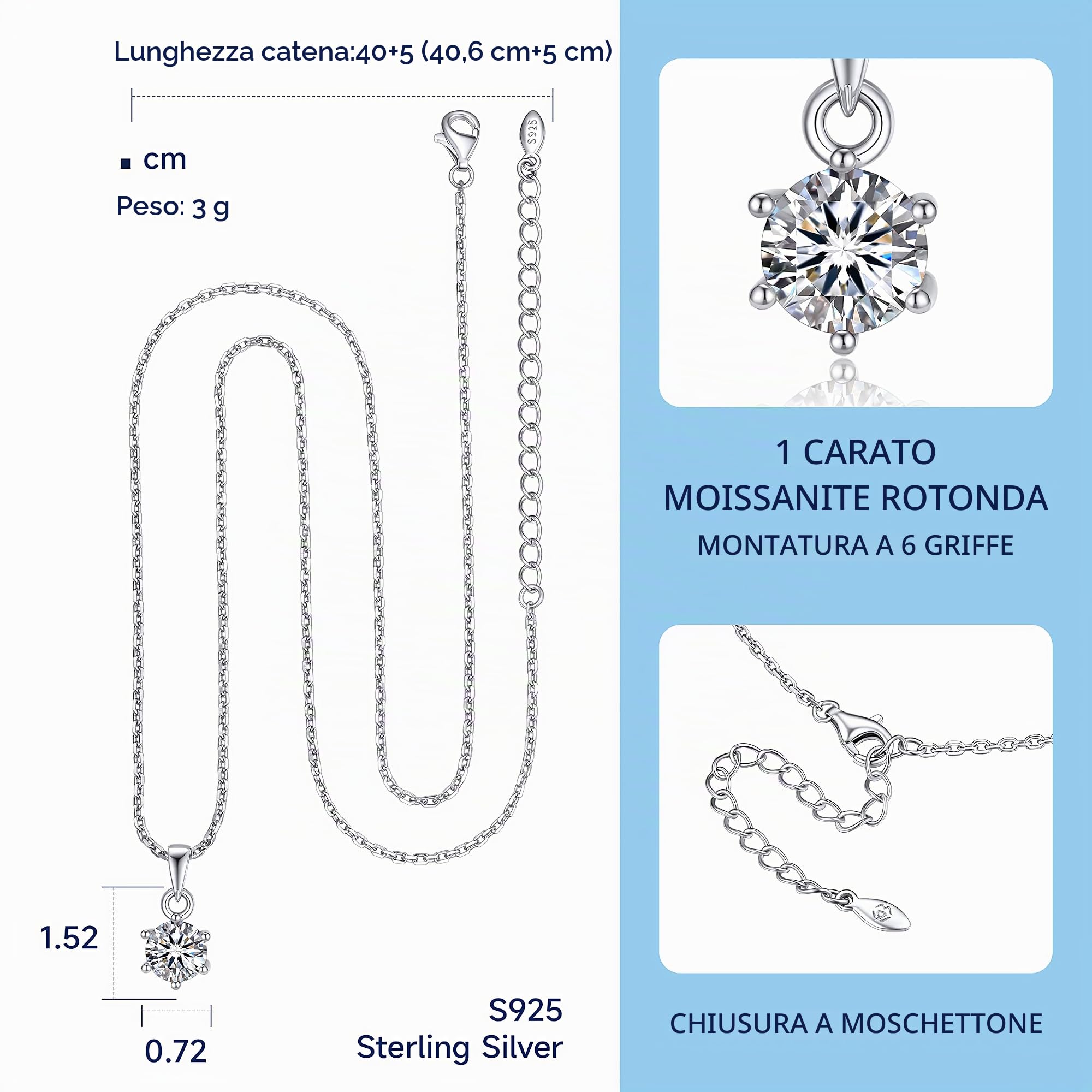 MomentWish Punto Luce Collana, 1Ct Moissanite Diamanti Ciondolo Collana Donna Argento 925 con Certificato Gra Gioielli Regalo Festa della Mamma Donna Compleanno