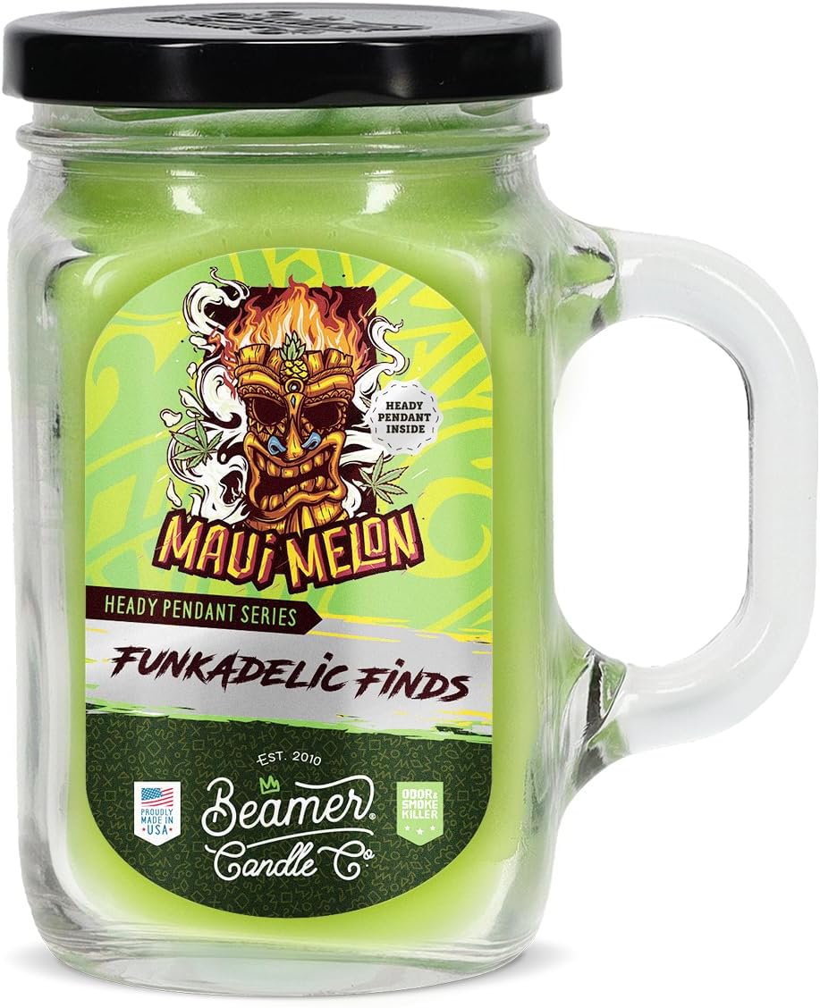 Beamer Candle Co. - Maui Melon – Sweet Tropical Melon Scent – Notes of Tropical Fruit, Cucumber, Musk– Funkadelic Finds Collection- Jewelry Candle - Large (12oz) Mason Jar