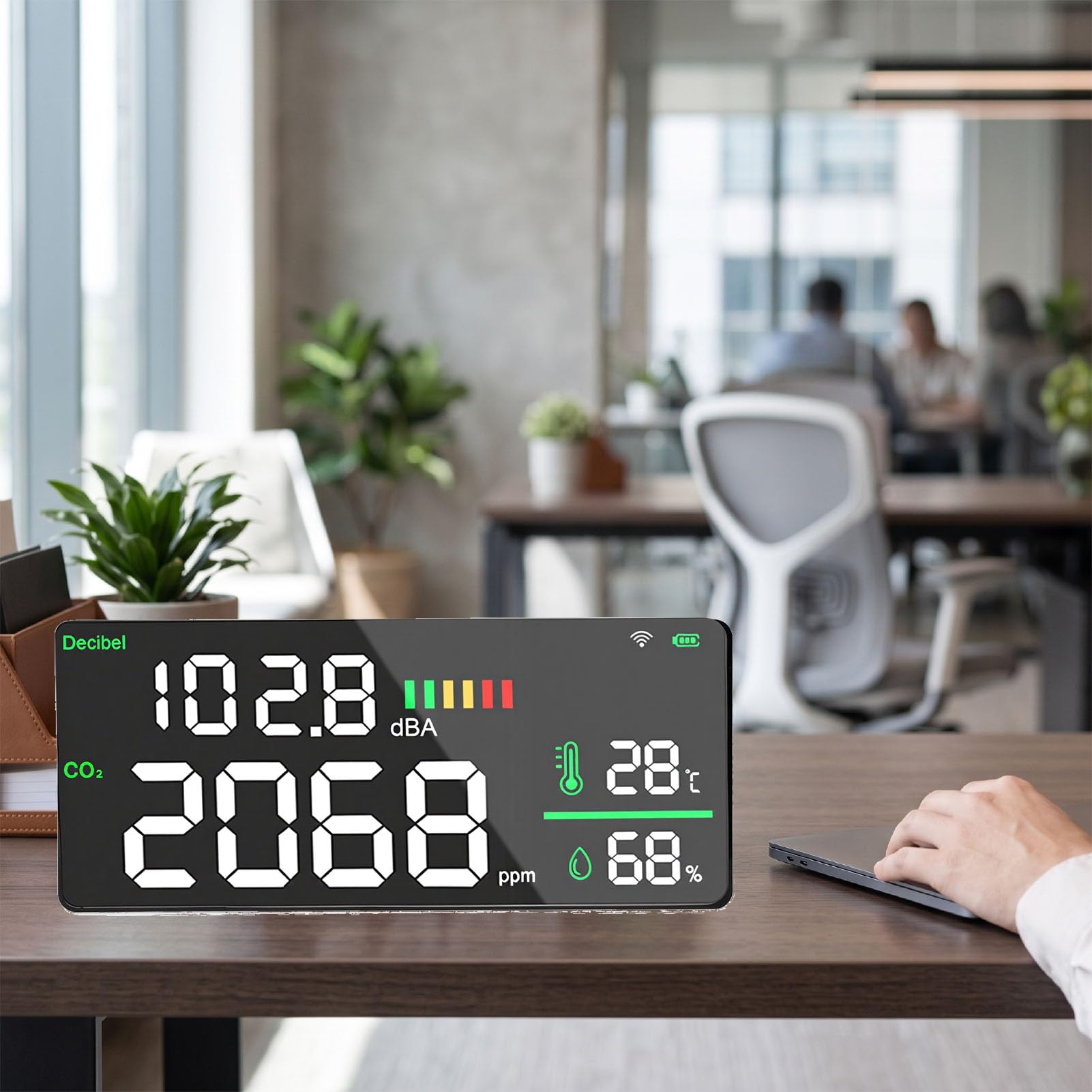 Medidor de Decibelios Digital, Monitor de CO2 WiFi 2.4G con Pantalla de Temperatura y Humedad, Probador de Nivel de Ruido para Oficina en Hogar