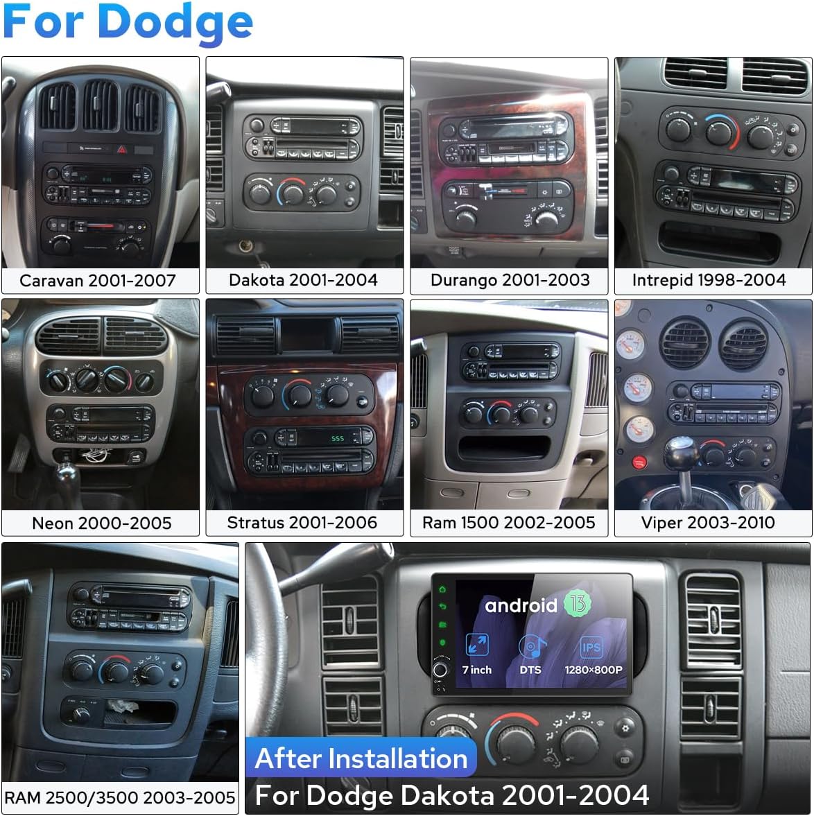 Joying Car Radio for Dodge/Jeep/Chrysler 1998-2007 Upgrade, 7" Android 13 Stereo for RAM 1500(2002-2005),Wrangler (2003-2006),Grand Cherokee(1999-2004) with Carplay & Android Auto,4GB+64GB(JY-DG301T4)