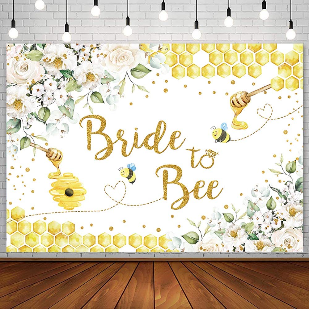 AIBIIN 7x5ft Bride to Bee Bridal Shower Backdrop Honeycomb White Floral Eucalyptus Leaves Gold Glitter Photography Background Honey Bee Bridal Shower