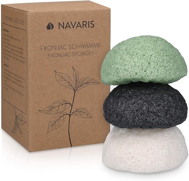 Navaris Set of Konjac Sponges - 3x Natural Exfoliating and Cleansing Sponge Shower Puffs for Face and Body including Bamboo Charcoal and Green Tea
