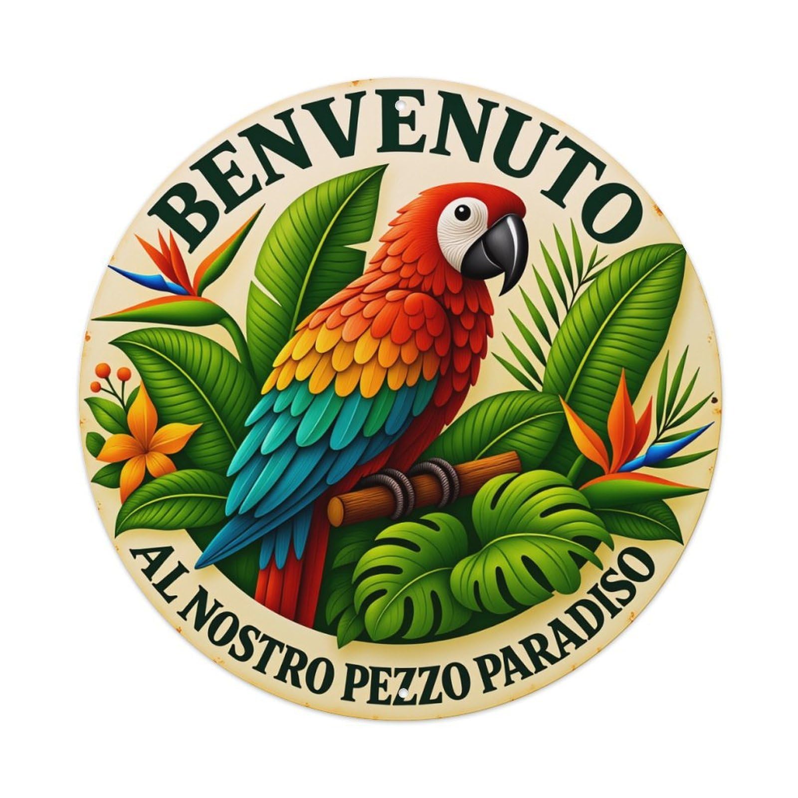 Parrot Tropical Leaves Flowers Welcome Round Tin Sign Vintage Style Metal Sign Home Bar Garden Wall Plaque Decor Metal Poster 8x8 Inch