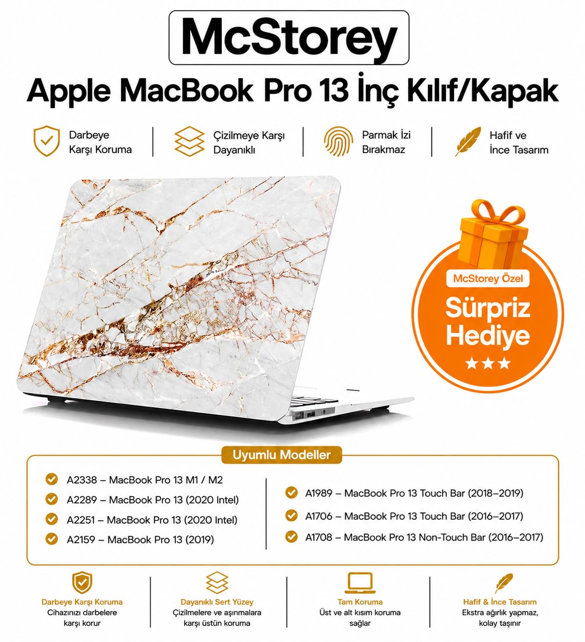 McStorey MacBook Pro 13 Mermer Desenli Kılıf A1706 A1708 A1989 A2159 A2251 A2289 A2338 M1 M2 Uyumlu Baskılı Sert Kılıf İnce Hafif Koruyucu Kapak R-09