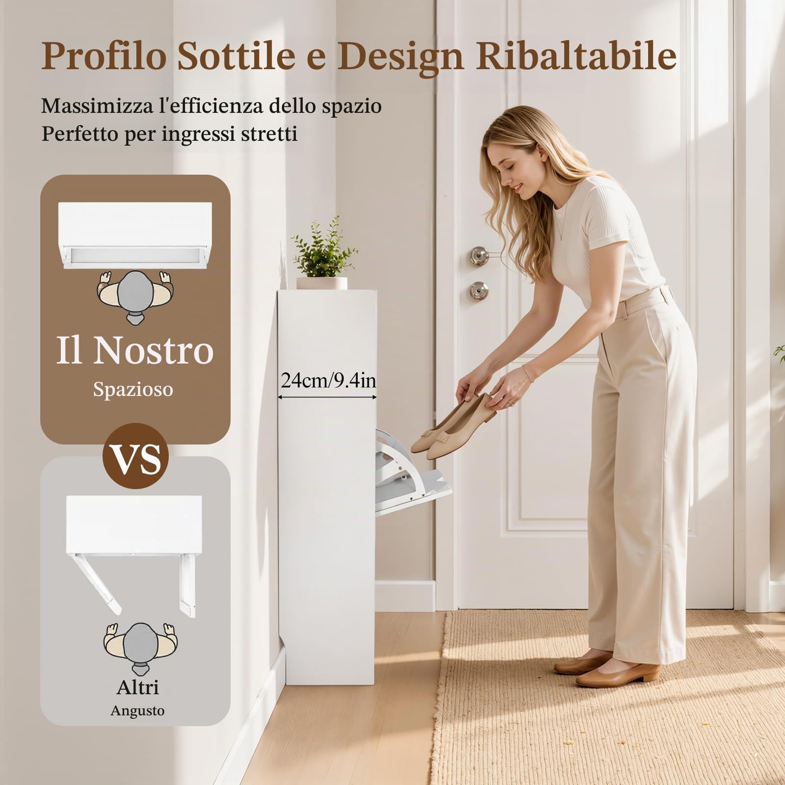 Scarpiera 24cm profondità, 4 cassetti basculanti 16 paia corridoio stretto