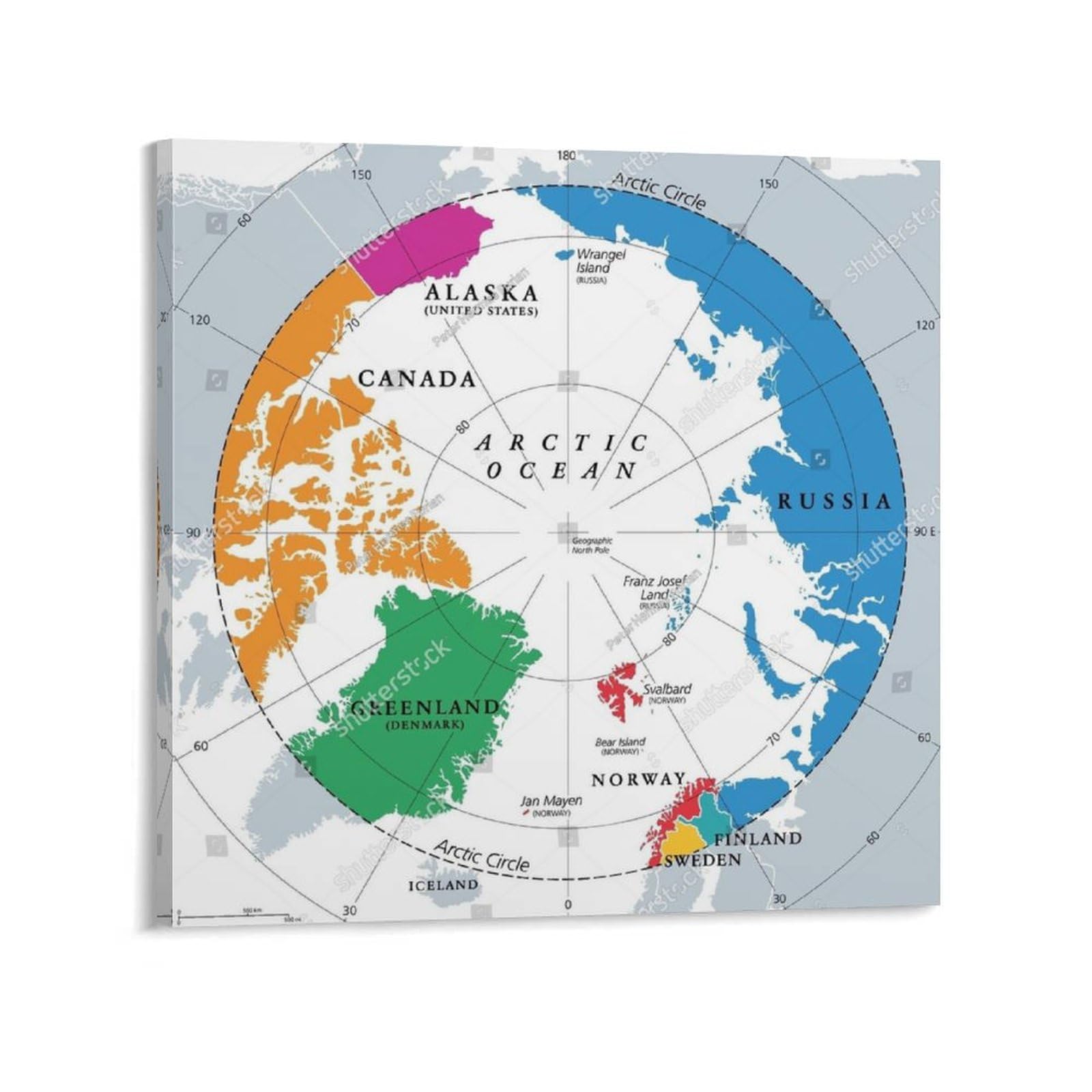 Amazon.co.jp: 北極圏の国々、政治地図。赤道と北極を北約66度以内の国