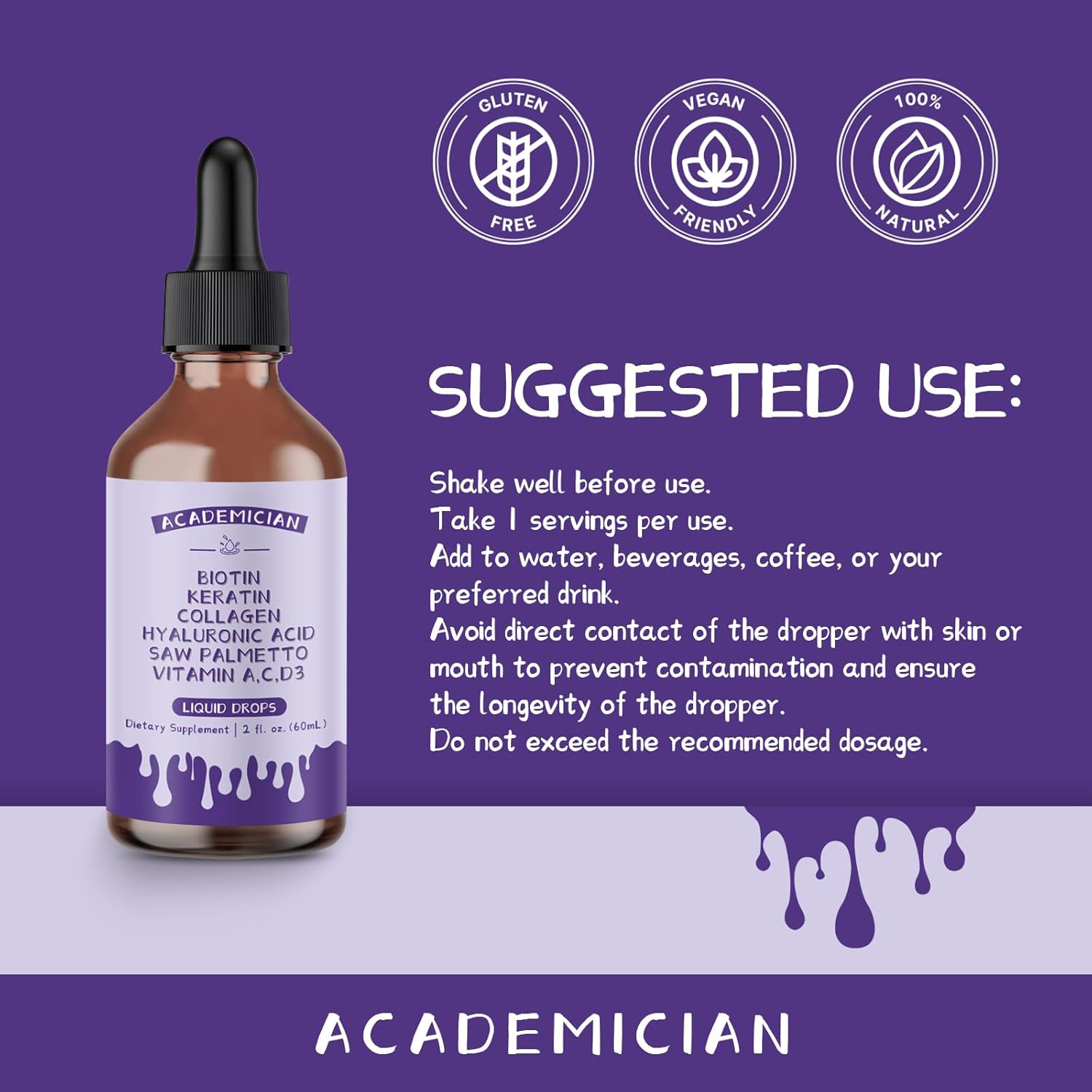 Biotin Drops with Vitamin A Liquid Collagen for Women Hyaluronic Acid Keratina Liquid Saw Palmetto Tincture - 60ml