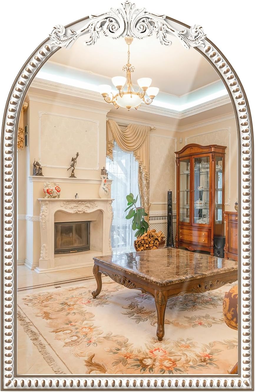 24''x36'' Arched Wall Mirror with Beads Wooden, Vintage Baroque Decorative Arch Mirrors for Entryway, Fireplace, Living Room, Hallway, Bathroom Boho Accent Arch - 24x36 in
