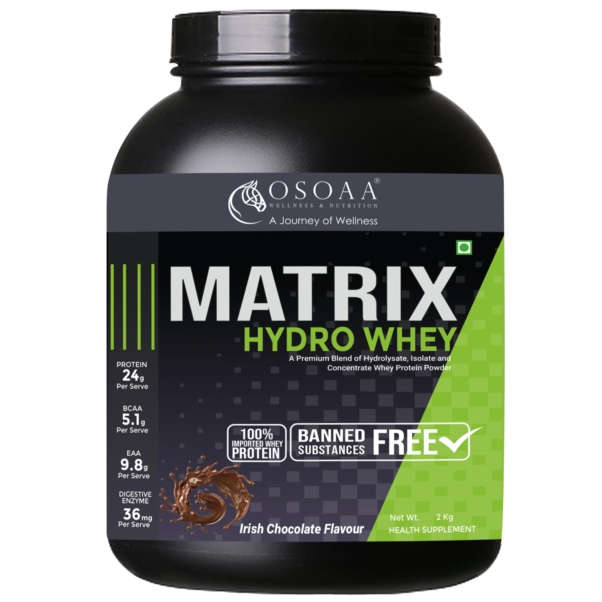 OSOAA Matrix Whey Protein Powder 2kg (Isolate + Concentrate + Hydrolyzed) | 24g Protein, 100% Authentic Supplement Powder & No Adulteration - Irish Chocolate Flavour