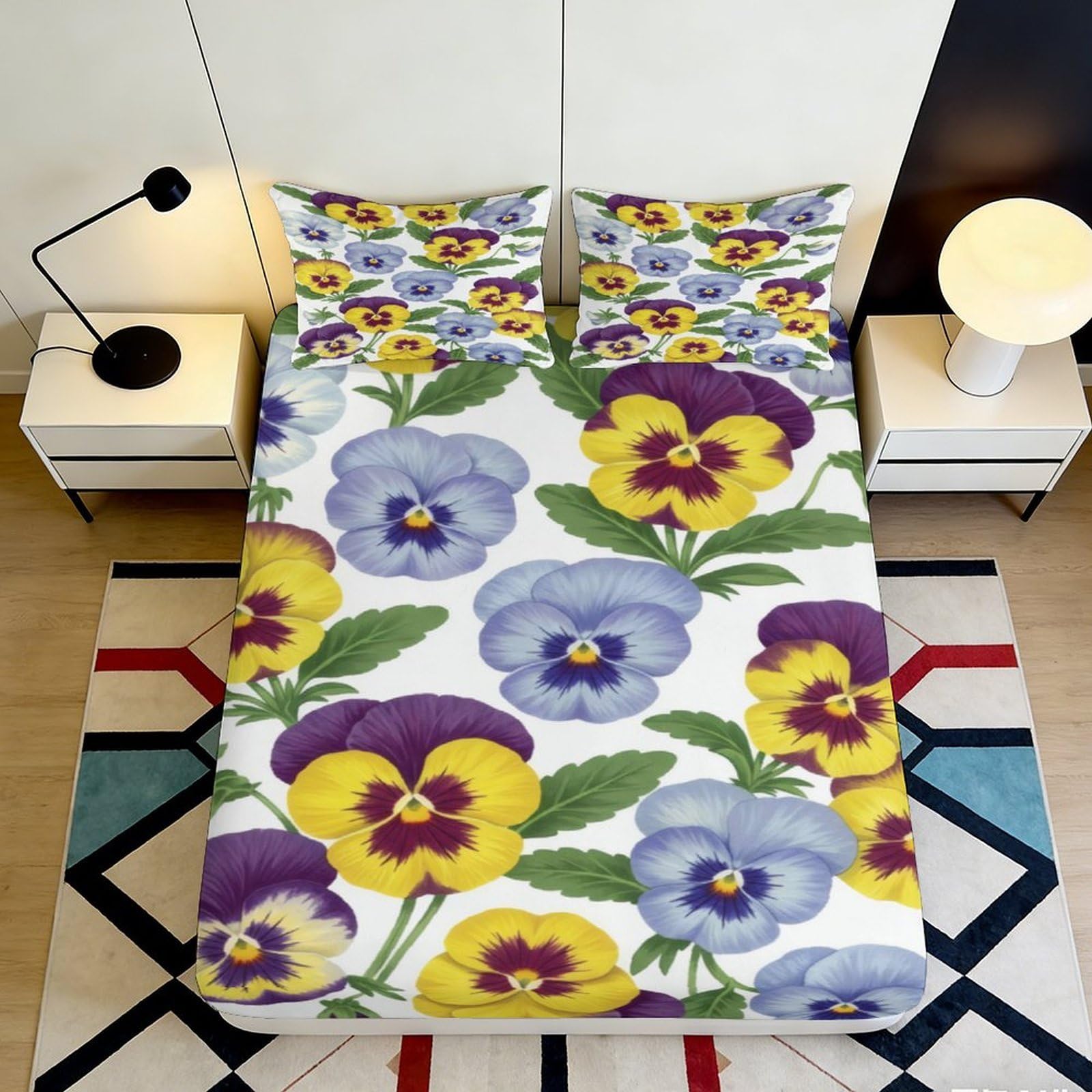 3D Printed pansy Fitted Sheet, soft touch Microfiber, vibrant floral decor, non-slip, easy care, home bedroom, apartment bedding, 119 90x200x25cm