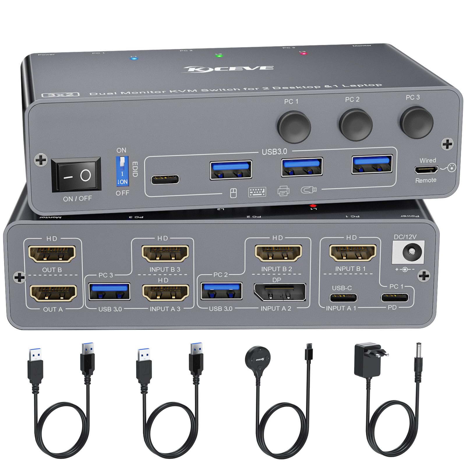 KVM Switch 3 PC 2 Moniteurs USB C HDMI DP, EDID, KVM Switch 2 Moniteurs pour 1 Laptop et 2 PC, 73W PD, USB 3.0, 4K@60Hz, Aluminum, Wired Remote(4K USB-C DP HD 3 in 2 out KVM)