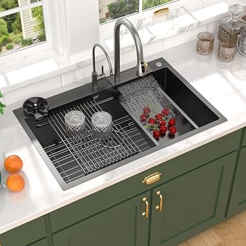 33x22" Drop In Waterfall Kitchen Sink, Gunmetal Black Workstation