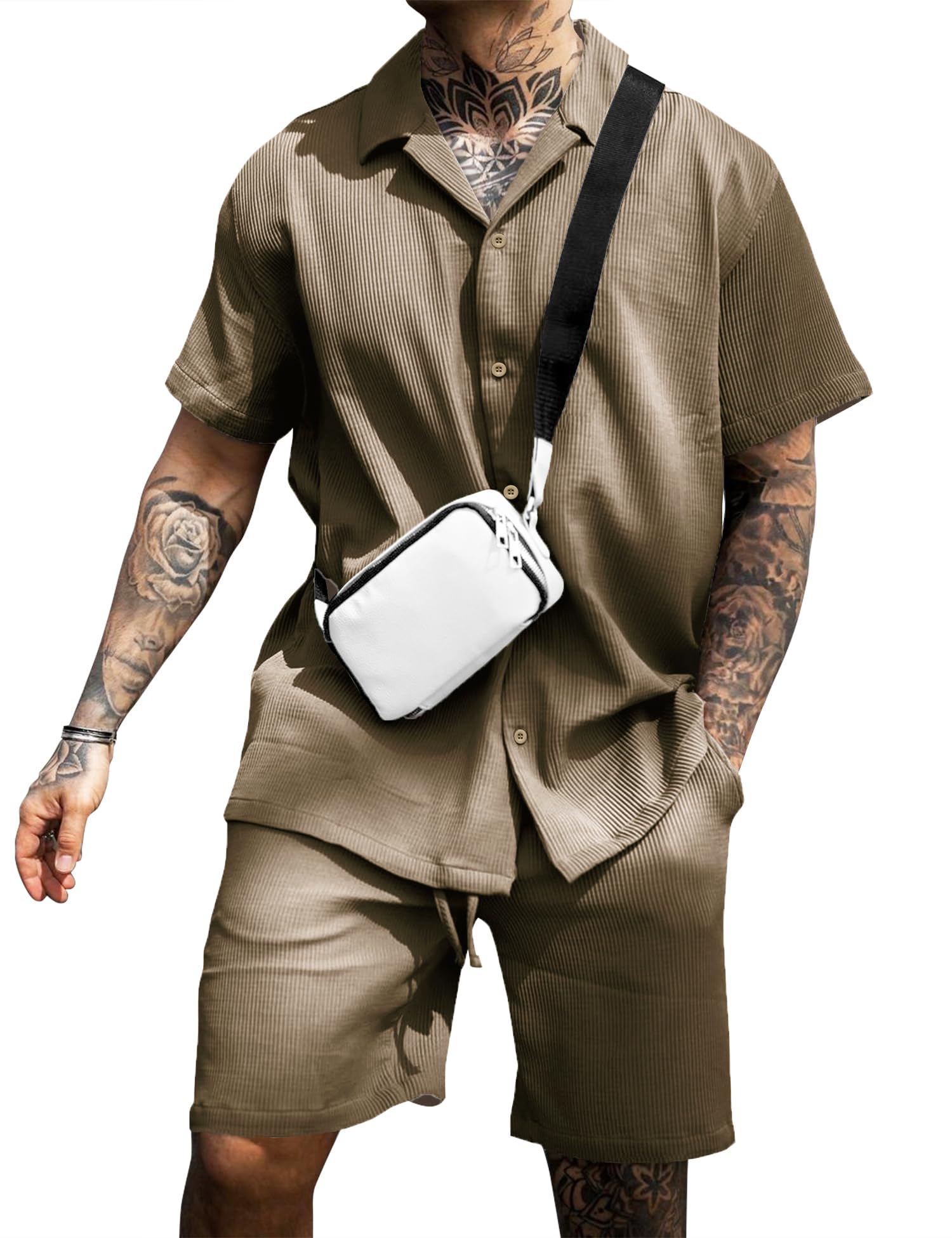 URRU Men's Shirt and Shorts Set Short Sleeve Casual Button Down 2 Piece Summer Outfits