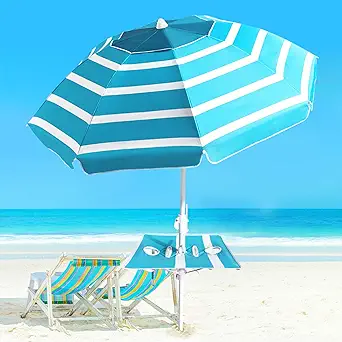 Beach Umbrella - Beach Umbrella for Sand Wind Portable with Tilt Pole, 6.56 FT Arc Length 5.9 FT Diameter, Heavy Duty Wind Resistant Striped Large Umbrellas, UV 50+ Parasol with Anchor Screw Adjustable Height