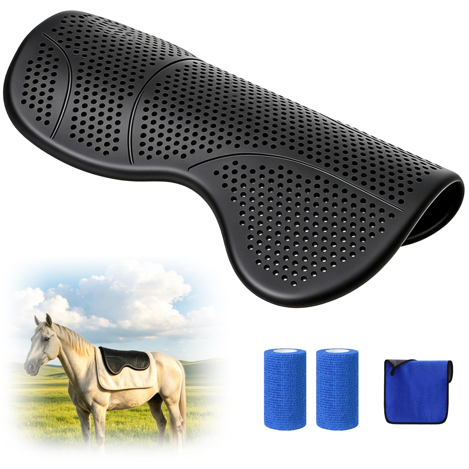 Cuscino per sella in gel per cavalli, trapezoidale, cuscinetto in gel per cavalli, con fascia per zampe di cavallo, antiscivolo e ammortizzante, per selle western e inglesi