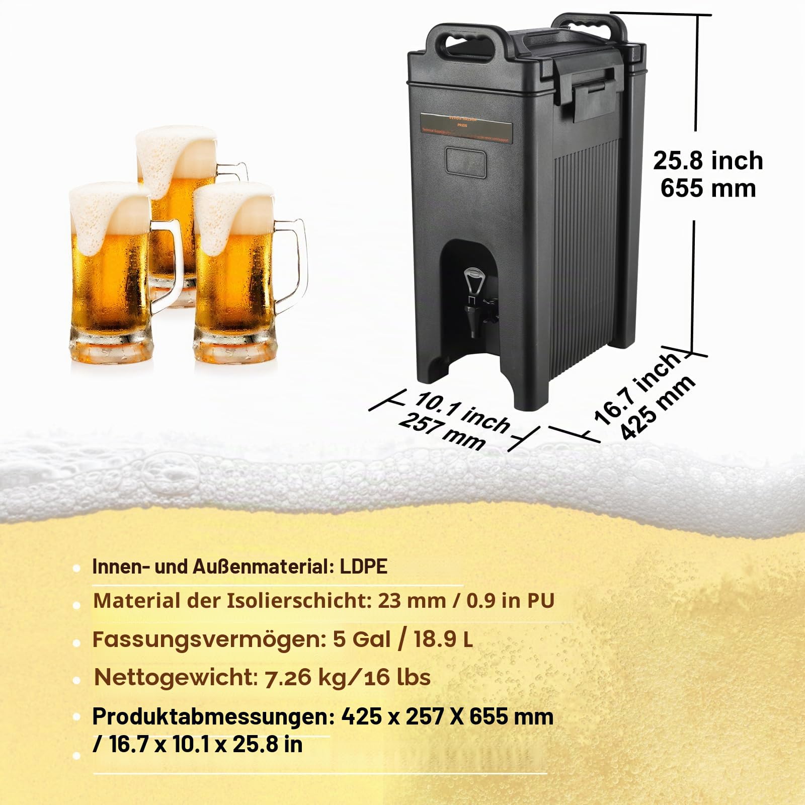 VEVOR Heiß- und Kaltgetränkespender Getränkespender 18,9 L, LDPE Heiß- und Kaltwasserbrunnen Großer Getränkespender mit Zapfen für Kaffee, Kalte Milch, Wasser, Saft usw. Isolierkanne 1-2 Personen