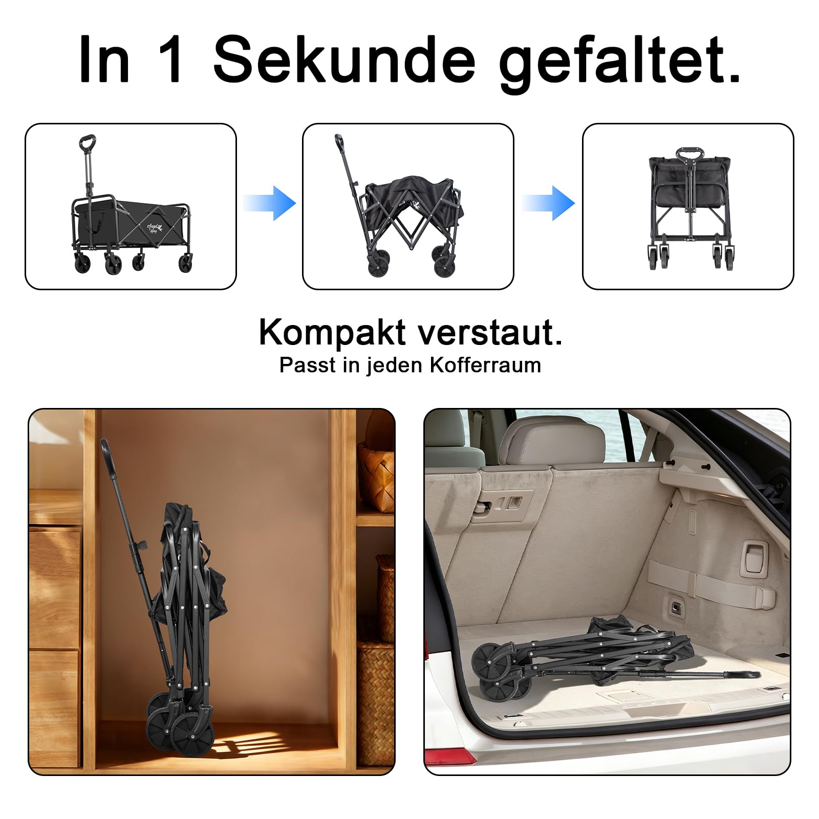 Angel Living Bollerwagen Faltbar 200L mit Tragkraft bis 100KG, Handwagen Klappbar, Faltbarer Campingwagen mit Höhenverstellbarem Griff, Leicht und Platzsparend, Stabil, 600D Oxford-Gewebe, Schwarz