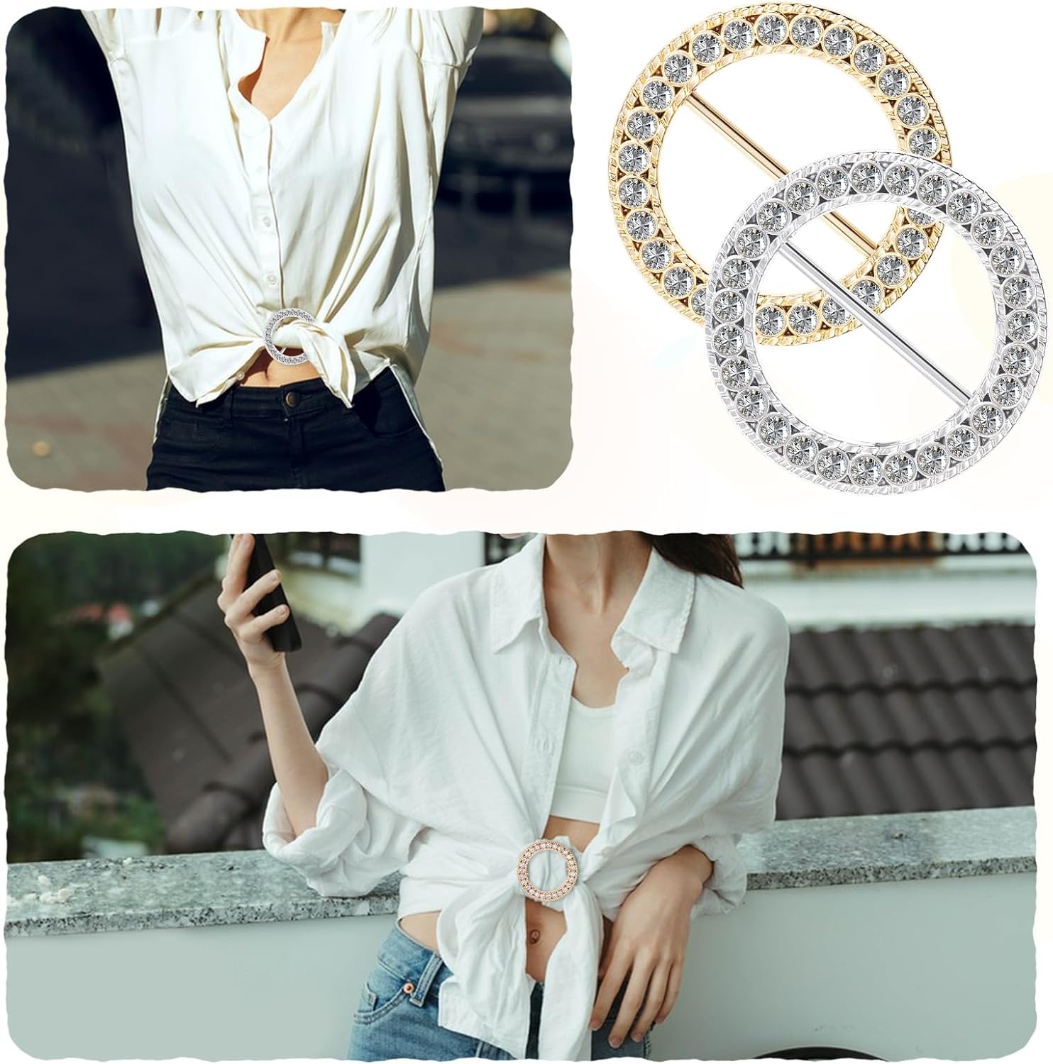 KALIONE Rhinestones T Shirt Clips, 4 Pieces Shirt Clips for Women Clothing Twist Knot Waist Buckles Alloy Circle Silk Scarf Decorative Pins Round Shirts Ties Buckles for Women Girls - Image 6