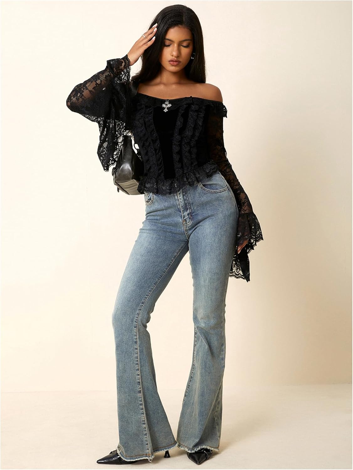 Women's 70s Renaissance Gothic Off Shoulder Tops Y2k Bell Flared Sleeve Lace Mesh Crop Top Country Concert Outfits - Image 6