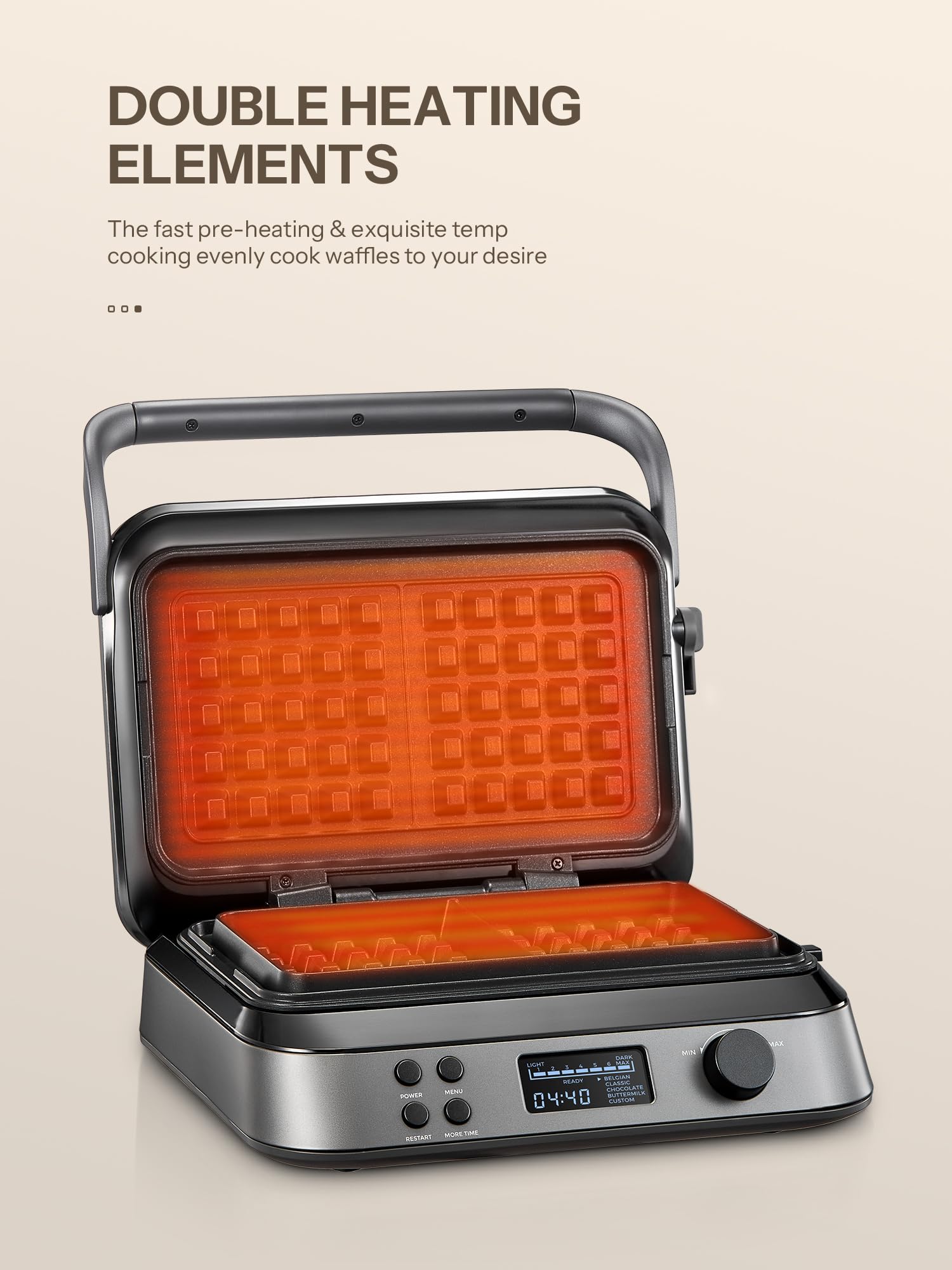 Waffeleisen 1600W, Doppelwaffeleisen für Belgische Waffeln, 5 Programme, 7 Bräunungsstufen, Steuerung über LCD Display, Timer, Praktische Überlaufrille, Edelstahl (Black)