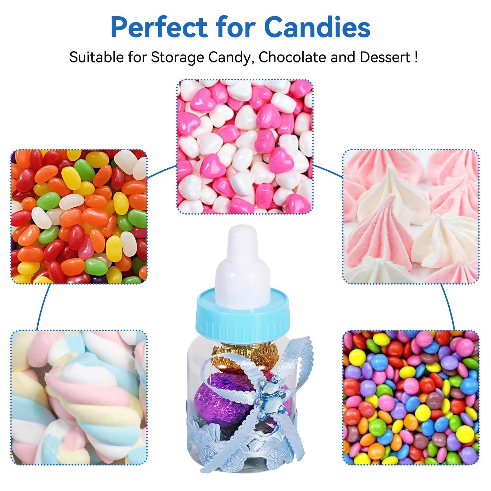 50 Pezzi doccia bambino Mini Biberon, Piccola bottiglia di plastica dell'orso della caramella con il nastro per il decoro della festa del battesimo del neonato della ragazza del ragazzo, Blu