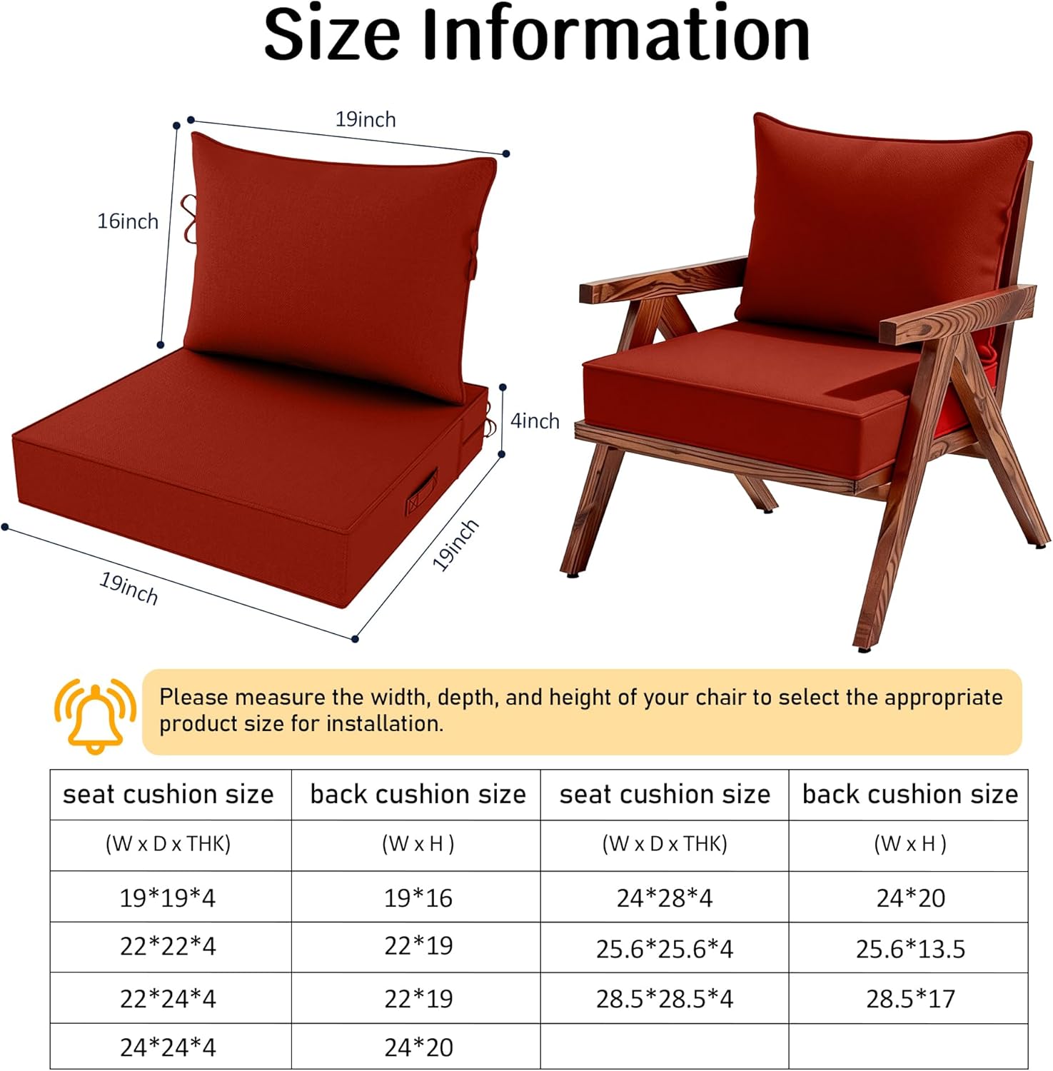 2 Set Outdoor Deep Seat Cushion Patio Furniture Cushions 19x19x4 inch, Outdoor Chair Cushions with Ties & Portable Handle, Foam Cushions for Lawn Chair, Fit for 18''-20'', Brick Red
