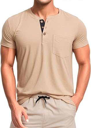 Mens Henley T-Shirts Casual Summer Short Sleeves Button Basic Tee